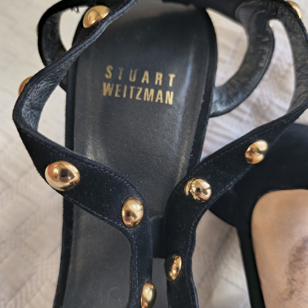 Stuart Weitzman Black Suede Gold-Stud T-Strap Heels - Picture 4 of 7